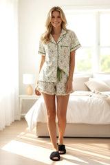 Ensemble de pyjama court à col rabattu et imprimé floral vert