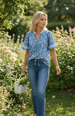 Chemisier à manches courtes imprimé floral bleu