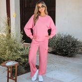 Sachet Solid Color Pink Patchwork Pullover and Cargo Pants Set
