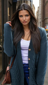 Cardigan Baggy Bleu Paon in twisted knitting *