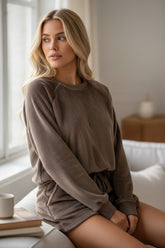 Ensemble de salon en polaire deux pièces coupe ample uni café