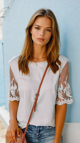 High white patchwork with floral lace sleeves *