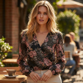 Blusa negra cruzada floral impreso en collar en v *