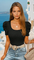 Black top with gathered puffy sleeves *