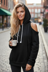 Black Drawstring Off Shoulder Hoodie with Seam Detail