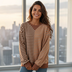 Sudadera de gran tamaño con rayas relajadas y rayas de bloques de color con hombros de castaña que caen