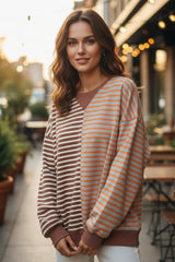 Sudadera de gran tamaño con rayas relajadas y rayas de bloques de color con hombros de castaña que caen