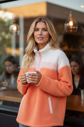 Orange Color Block Sherpa Half Zip Mock Neck Sweatshirt