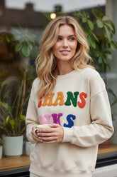 THANKS Apricot Chenille Embroidered Drop Shoulder Graphic Sweatshirt