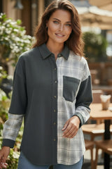 Grey Plaid Corduroy Long Buttoned Jacket