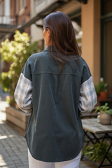 Grey Plaid Corduroy Long Buttoned Jacket