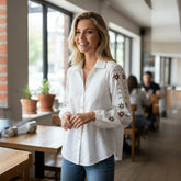 White shirt in patchwork with eyelets and puffy sleeves *