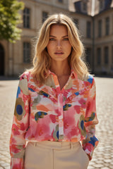 Camisa de volante y estampado abstracto rosa *