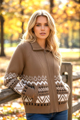 Cardigan marron western à fermeture zippée et bordures côtelées