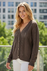 Cardigan dark khaki sweater open knitted with drooping shoulders *