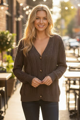 Cardigan dark khaki sweater open knitted with drooping shoulders *