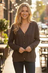 Cardigan dark khaki sweater open knitted with drooping shoulders *