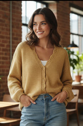 Cardigan à Manches Lanternes et Décolleté Festonné