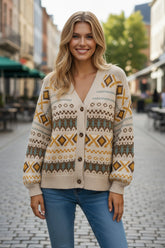 Cardigan kaki à col en V et boutons tricotés à motif occidental