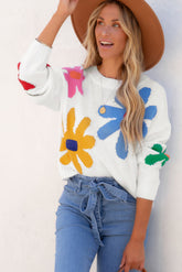 Colored white round -neck sweater with large flowers pattern