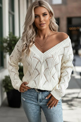 Beige sweater in openwork knit in v * collar