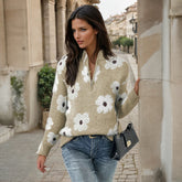 Khaki sweater with floral motif and half-zip *