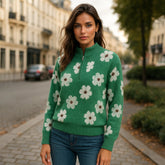 Green sweater with floral motif and half-zip *