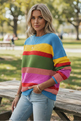 Light blue sweater with drooping shoulders and mixed textures color block