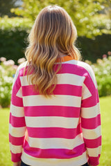 Drozing shoulder sweater and V -neck with pink stripes