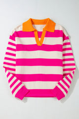 Drozing shoulder sweater and V -neck with pink stripes