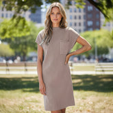 Simply taupe ribbed chopped knitting sweater dress with plated pocket