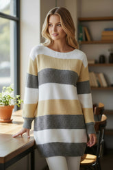 Color block striped sweater dress, bubble sleeves, drooping shoulders