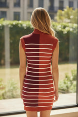 Robe pull marron à rayures et blocs de couleurs avec col zippé et manches courtes