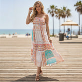 Multicolored summer dress with bohemian and square patchwork print