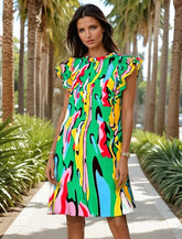 Abstract print mini-robe and ruffle collar *