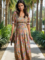 Yellow floral dress with smocked bodice *