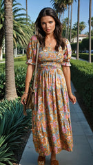 Yellow floral dress with smocked bodice *