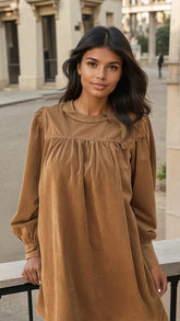 Short straight dress pleated with ribbed velvet *