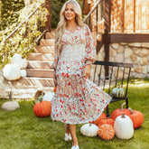 Khaki Floral Print Ruffle Midi Dress with Long Sleeves and V-Neck
