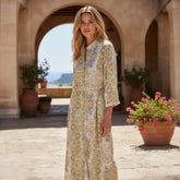 White Paisley Print High Waisted Buttoned Knotted Midi Dress