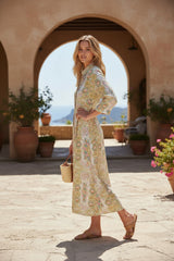 White Paisley Print High Waisted Buttoned Knotted Midi Dress