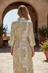 White Paisley Print High Waisted Buttoned Knotted Midi Dress