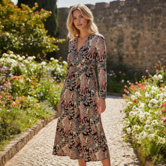 Black floral print v-neck high waist maxi dress