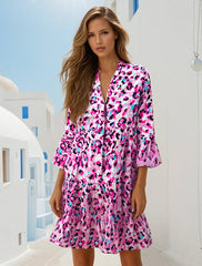 Buttoned dress on the front with pink leopard print *