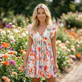 Mini-robe taille haute à col en V et manches à double volants à fleurs roses