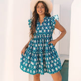 Robe bleue à imprimé floral rétro, col fendu, volants, manches courtes