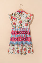 Robe boutonnée à volants et manches flottantes, motif floral mixte rose