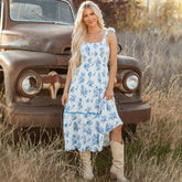 Robe longue sans manches à imprimé floral bleu ciel