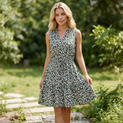 Robe tunique sans manches à imprimé floral bohème vert et col en V