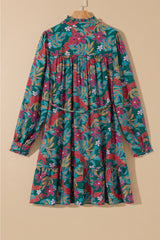 Robe chemise à volants et col en V à fleurs vertes et manches bouffantes